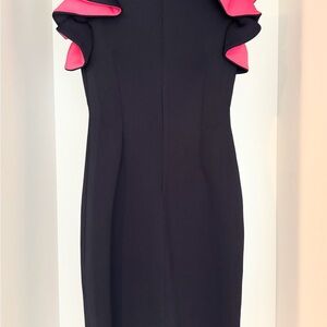 Eliza J Black Midi Dress with Pink Ruffle Sleeves